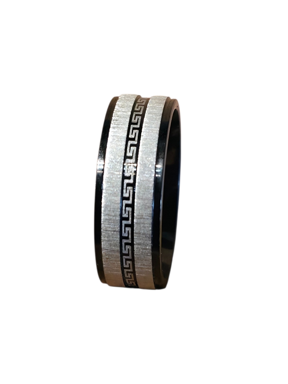 Men's Stainless Steel Black and Silver Greek Key Ring Size 11